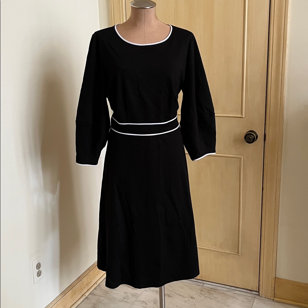 ELOQUII Career Worship Modest Lantern SLV Black w/ White Trim Midi Dress SZ 14